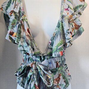 Safari Print Deep-V Ruffle Trim 1pc Swimsuit Side Ruching‎ W/Belt SZ SM